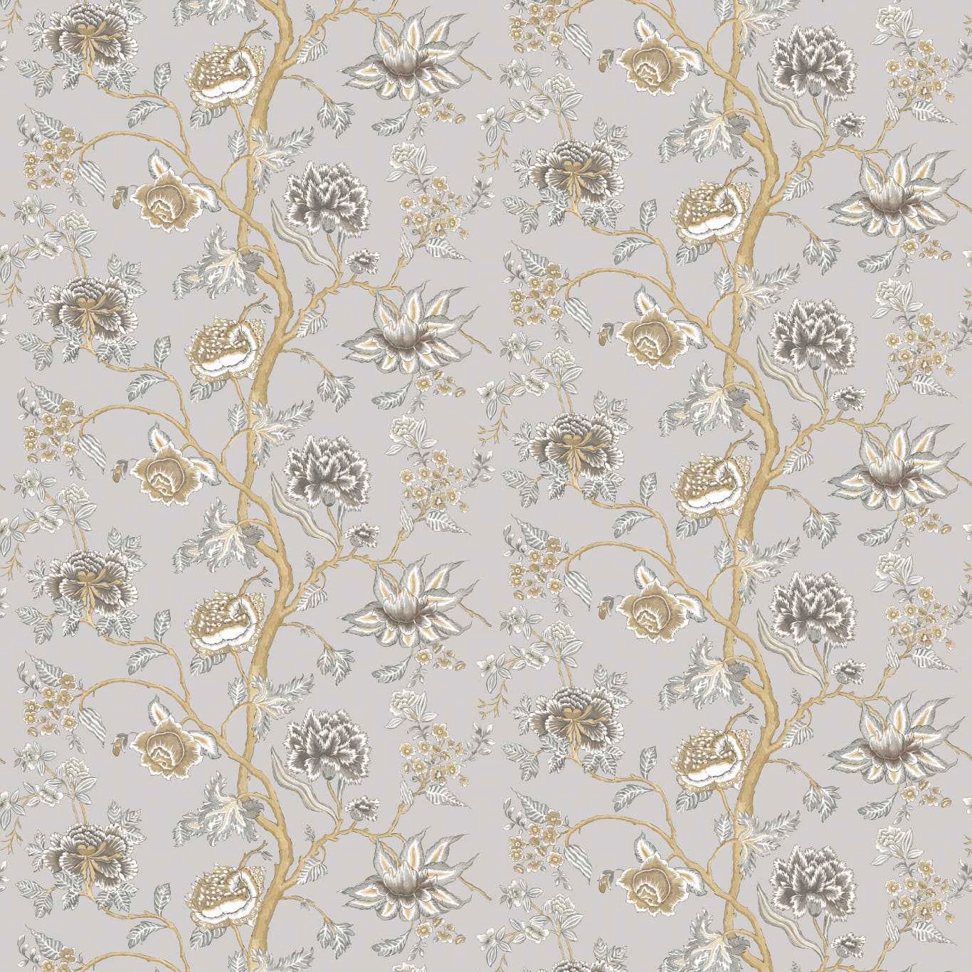 Dove-grey wallpaper with trailing golden branches and silver floral blossoms
