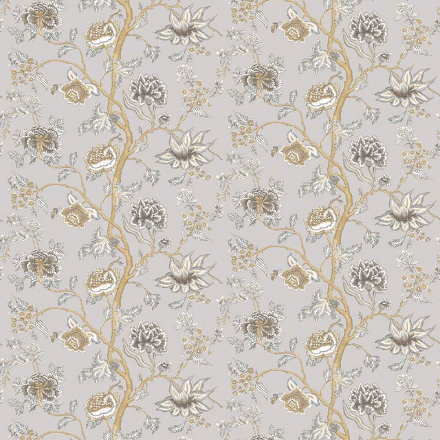 Dove-grey wallpaper with trailing golden branches and silver floral blossoms