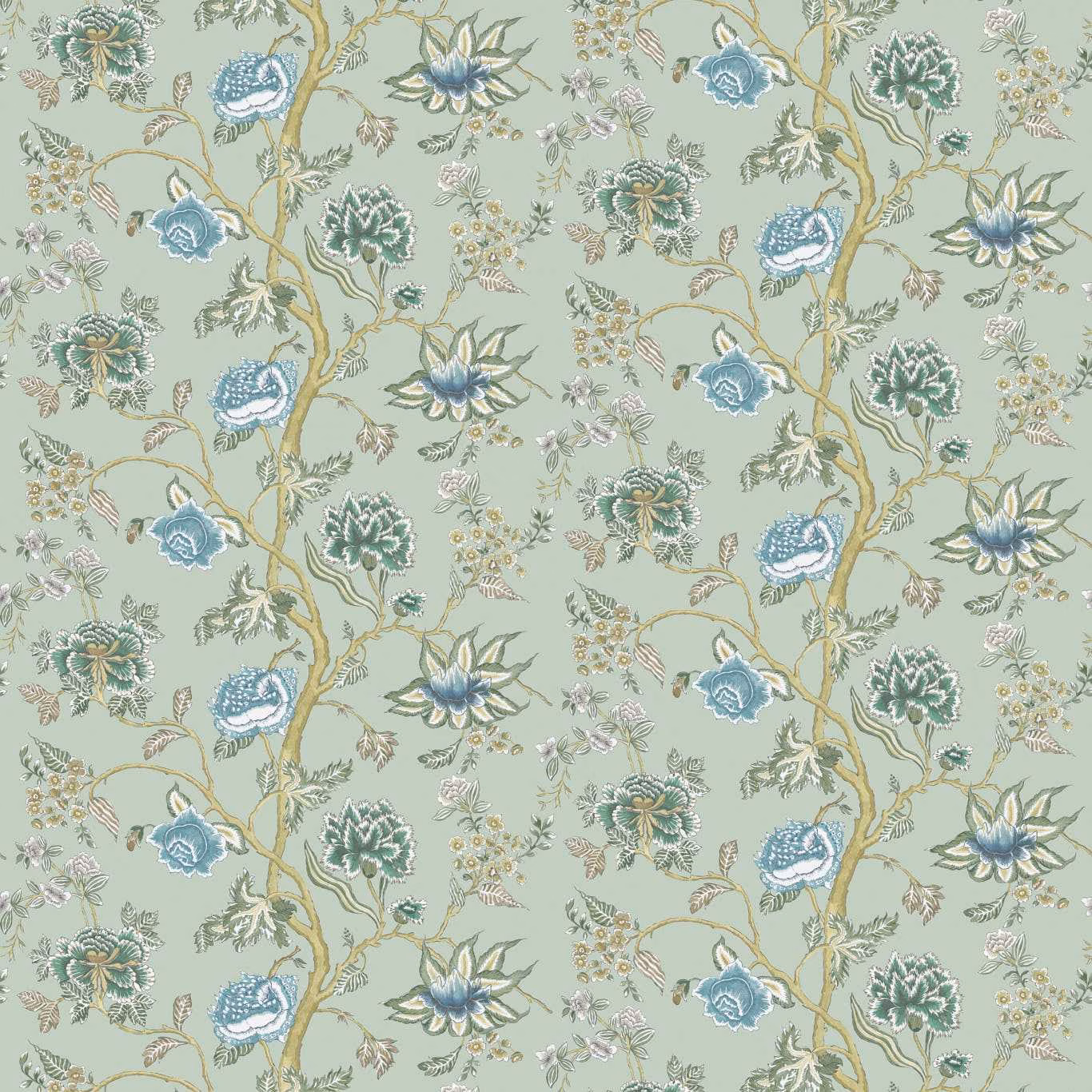 Pale sage wallpaper with emerald thistles, blue-green blooms and citrine scrolling stems