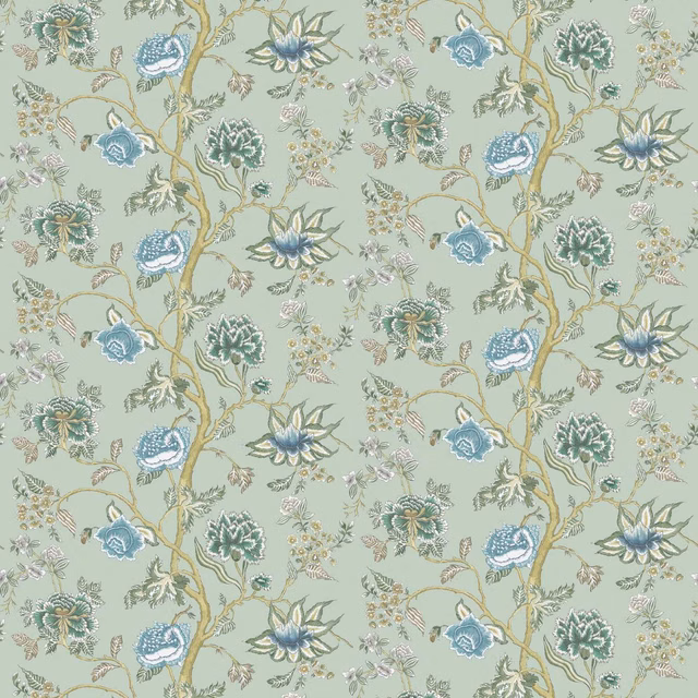 Pale sage wallpaper with emerald thistles, blue-green blooms and citrine scrolling stems