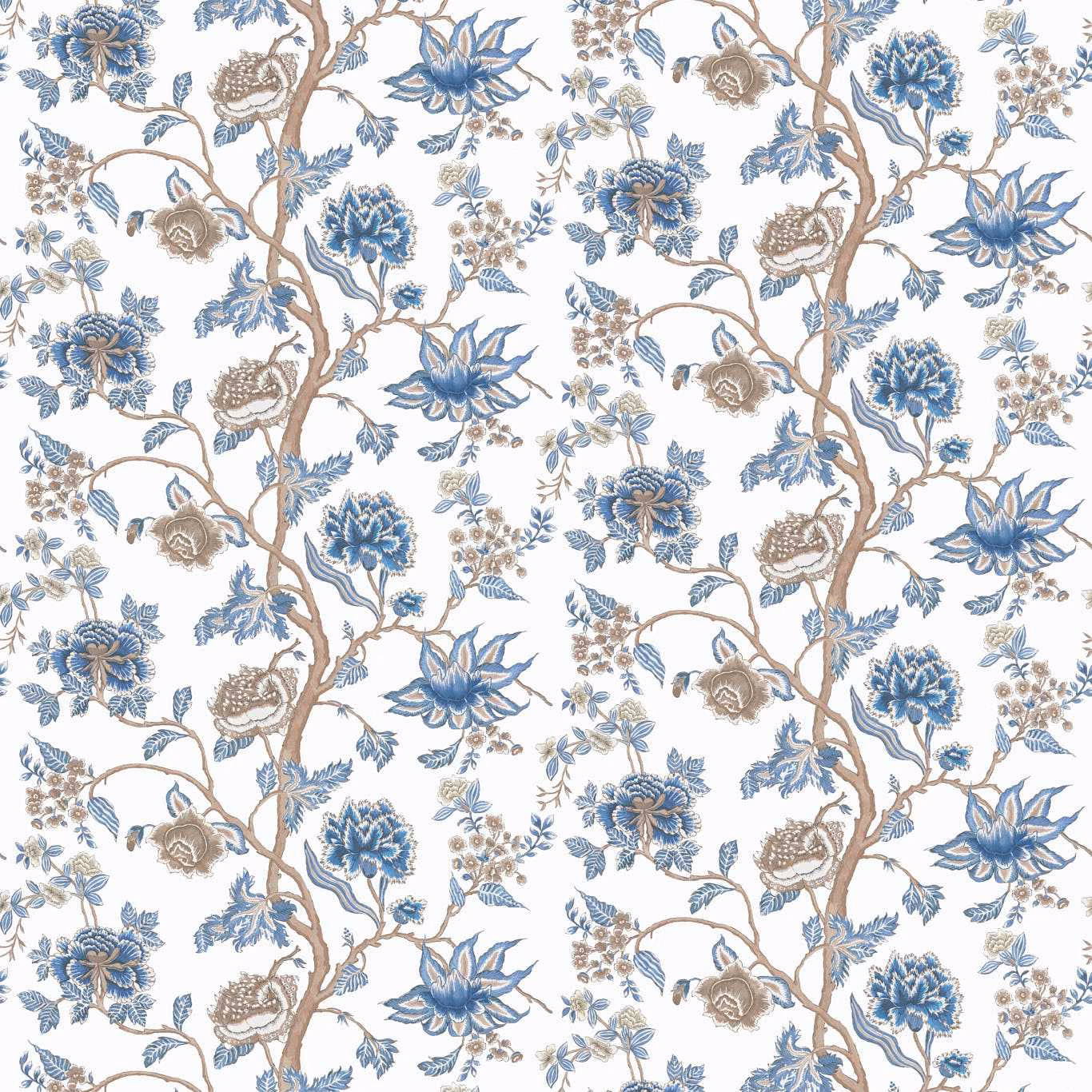 Indigo and birch botanical wallpaper with blue flowers, branches and berry clusters
