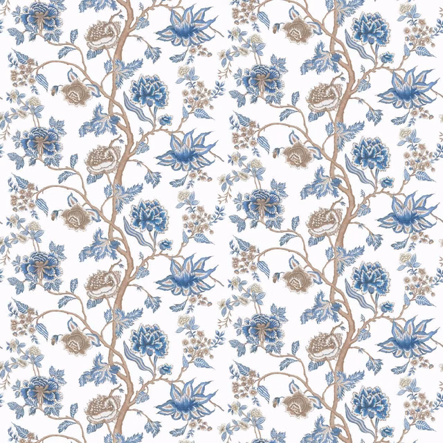 Indigo and birch botanical wallpaper with blue flowers, branches and berry clusters