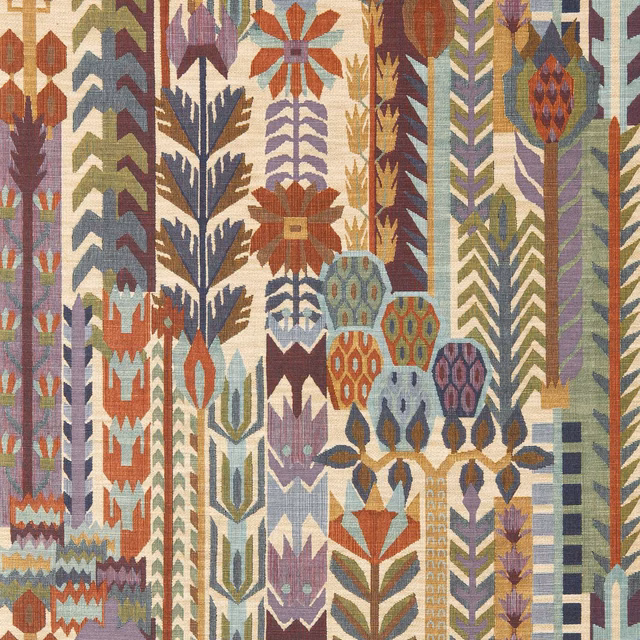 Burgundy and heather wallpaper with multicoloured geometric flowers, leaves and vertical bands
