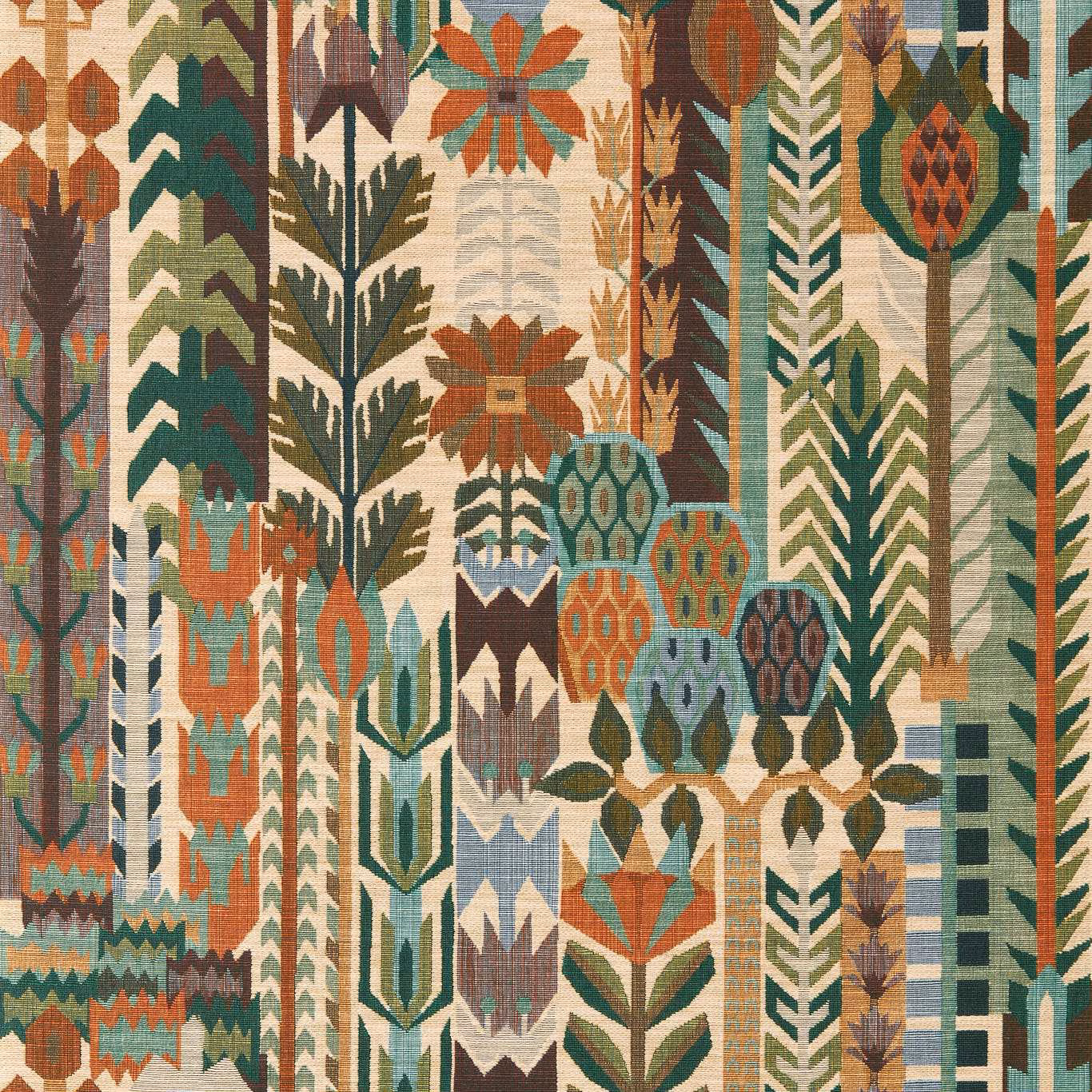 Evergreen and terracotta geometric botanical wallpaper with cream ground and teal accents