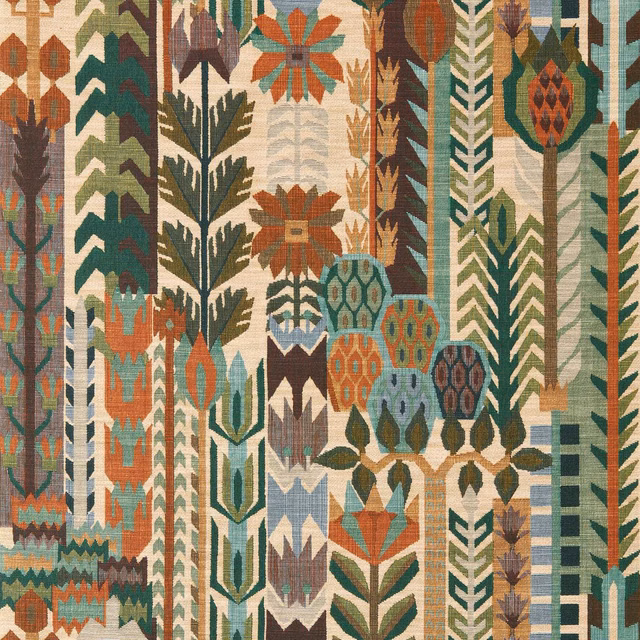 Evergreen and terracotta geometric botanical wallpaper with cream ground and teal accents