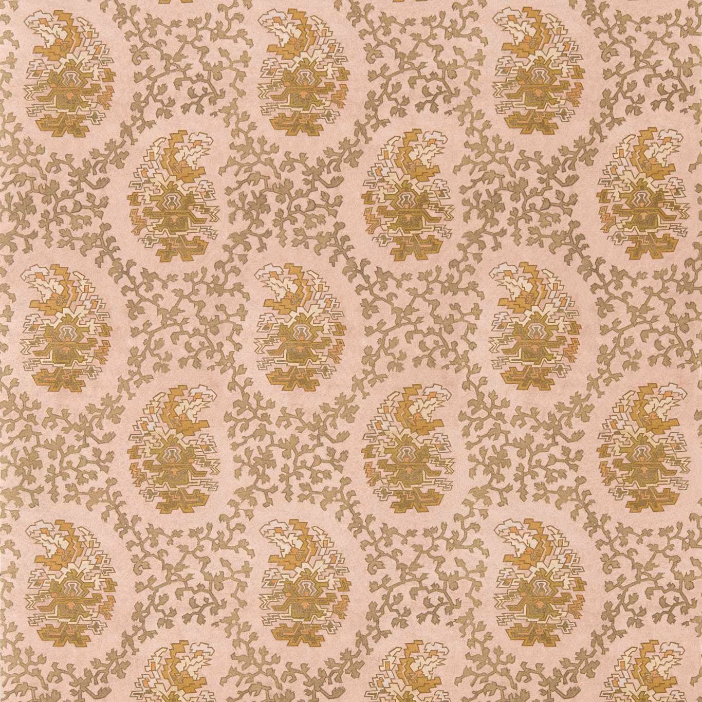 Blush pink wallpaper with olive taupe paisley medallions and curling tracery