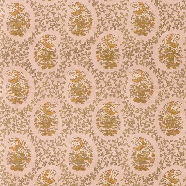 Blush pink wallpaper with olive taupe paisley medallions and curling tracery