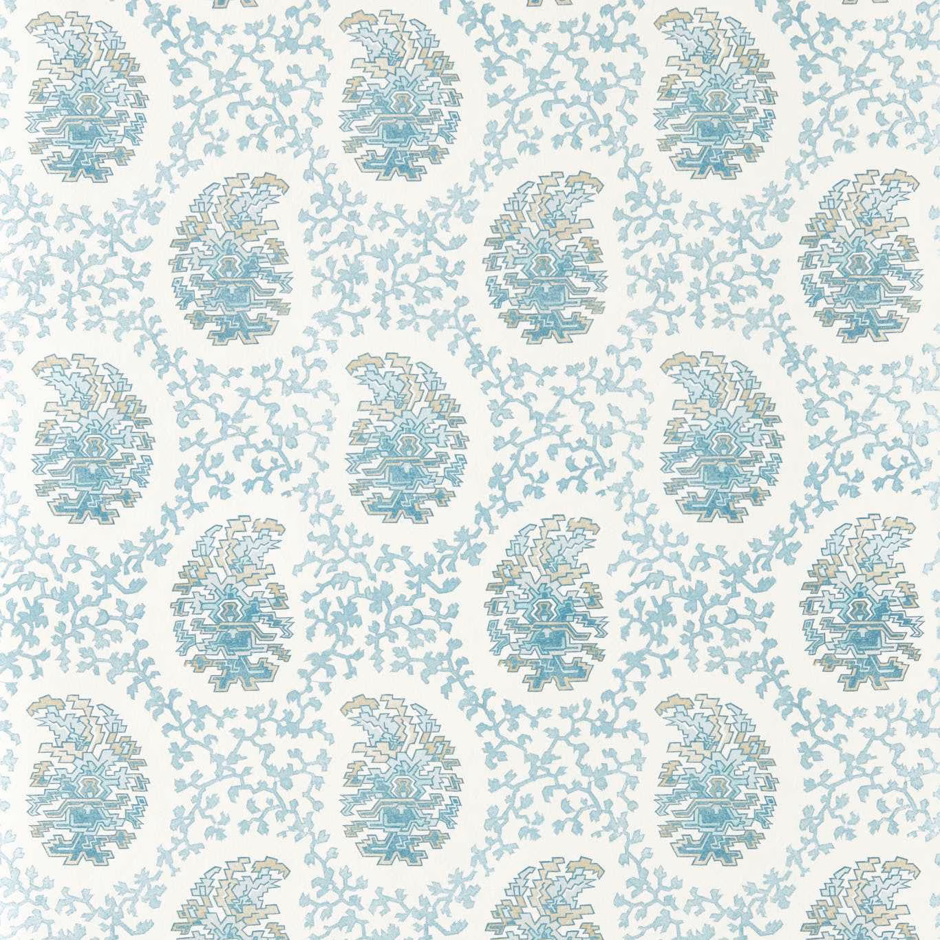 Pale cream wallpaper with cool indigo paisleys and delicate blue vine tracery