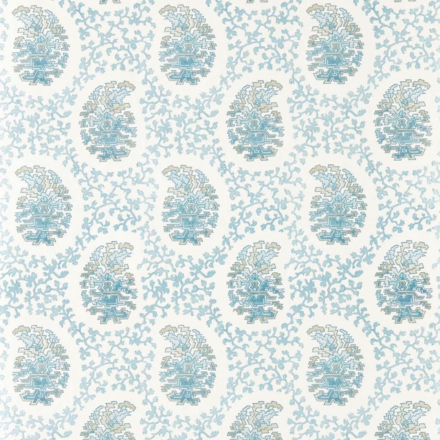 Pale cream wallpaper with cool indigo paisleys and delicate blue vine tracery