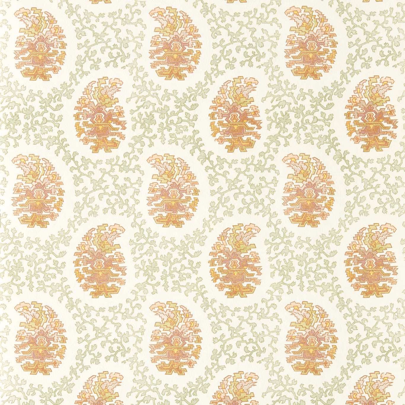 Pale seaglass wallpaper with ochre paisleys and delicate sage scrolling foliage