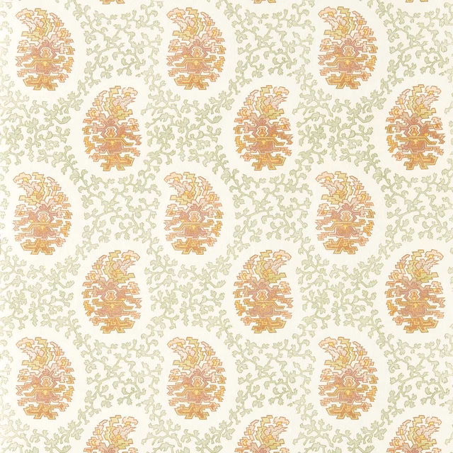 Pale seaglass wallpaper with ochre paisleys and delicate sage scrolling foliage