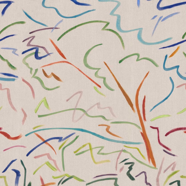 Warm cream wallpaper with loose blue, green, rust, pink and turquoise brushstrokes