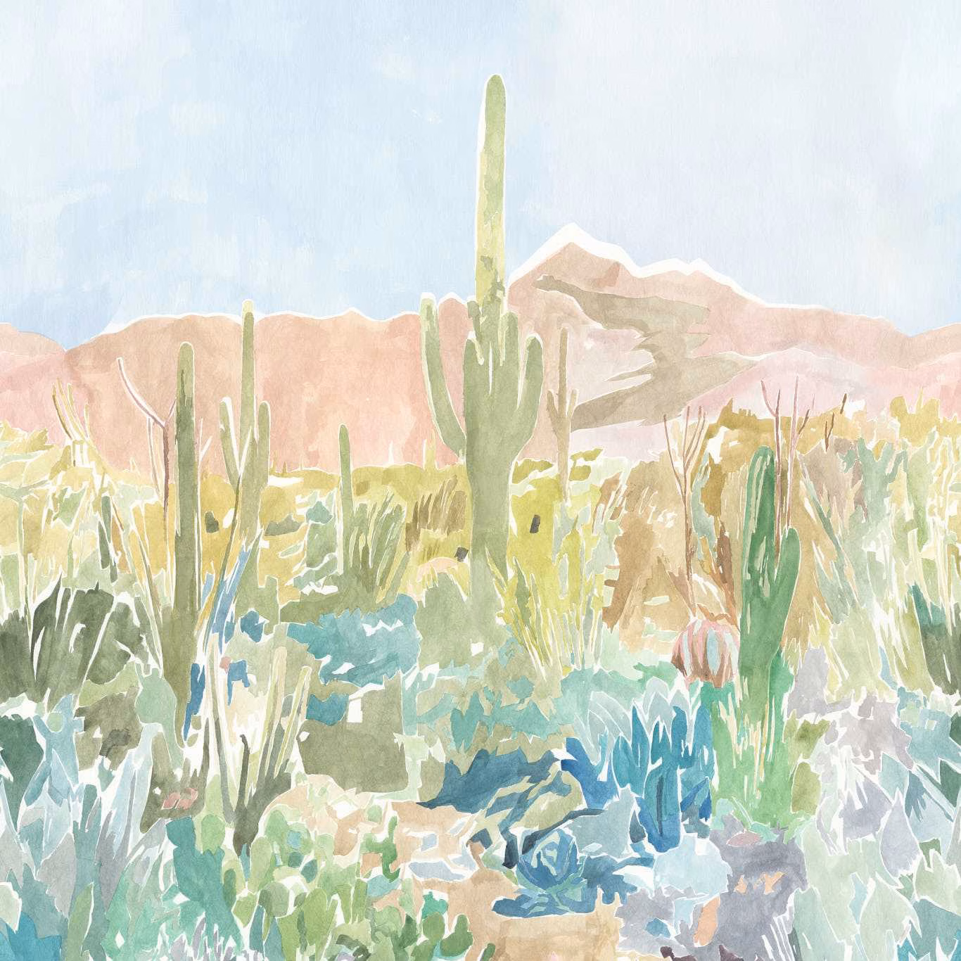 Watercolour desert landscape in pale aqua, sage, blush and sand with tall cacti