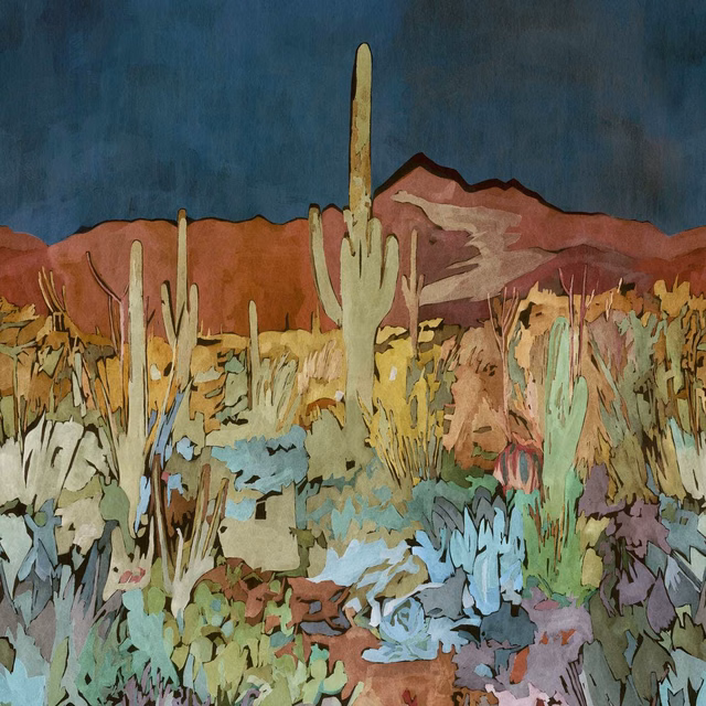 Midnight blue desert wallpaper with rust mountains, cacti and layered botanical colour