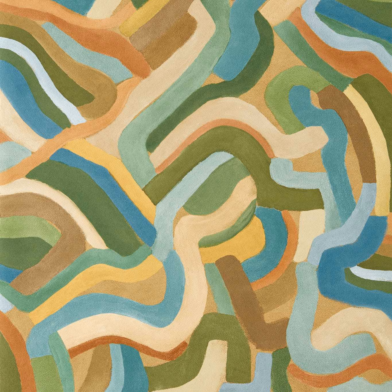 Ochre, turquoise and forest-green abstract bands with cream and terracotta accents