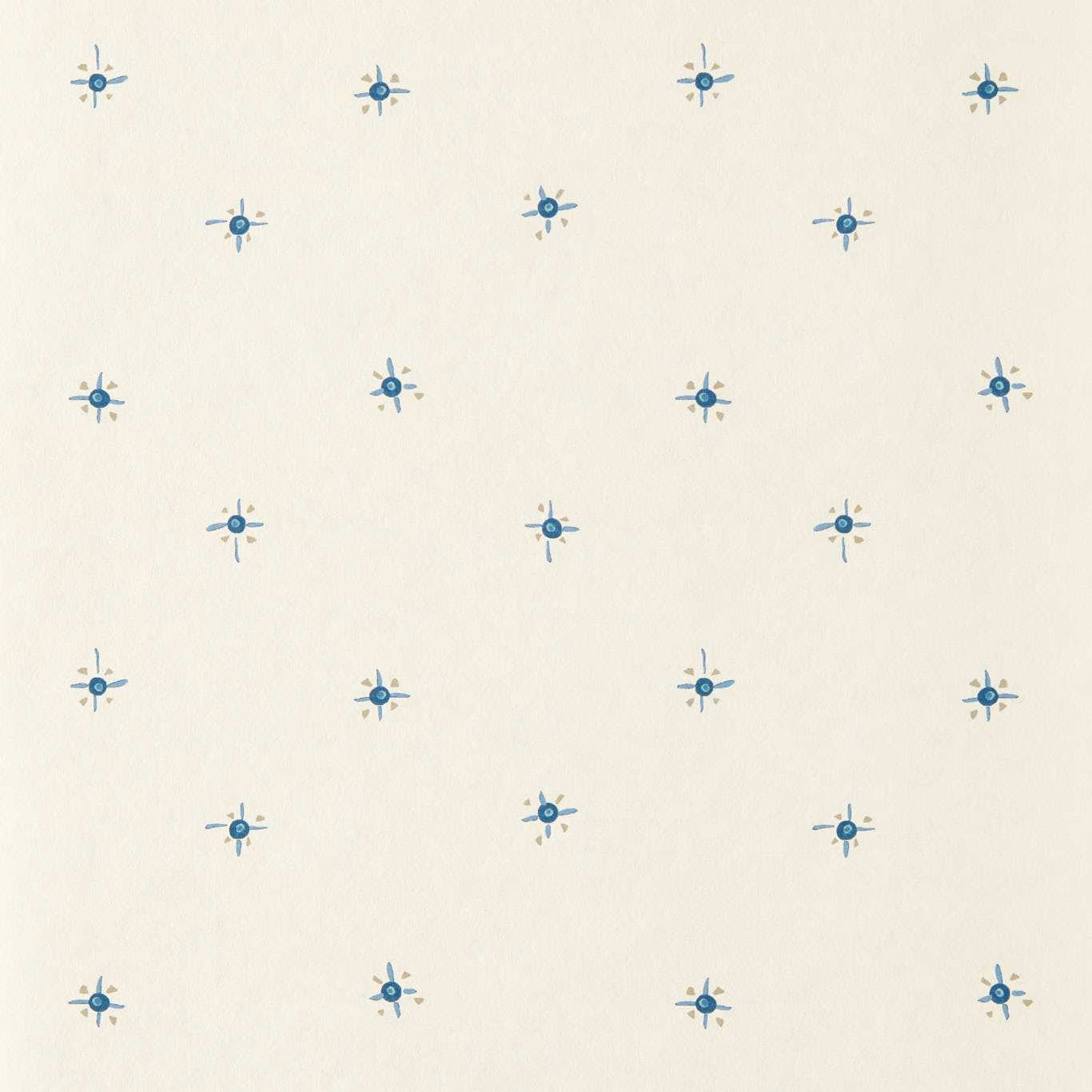 Cream wallpaper with evenly spaced small indigo-blue starburst motifs and beige accents