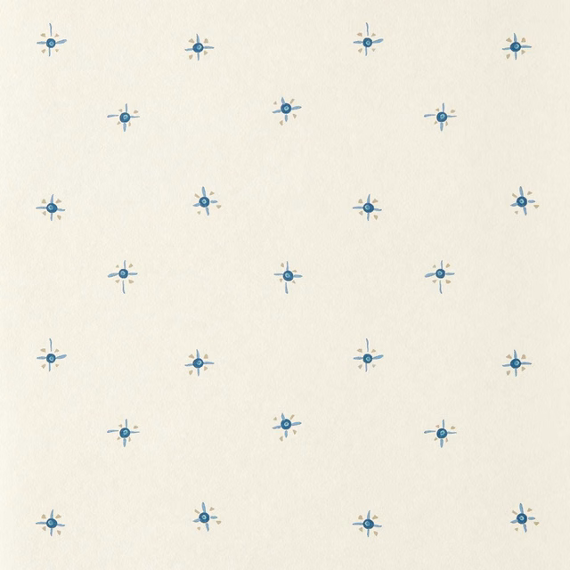 Cream wallpaper with evenly spaced small indigo-blue starburst motifs and beige accents