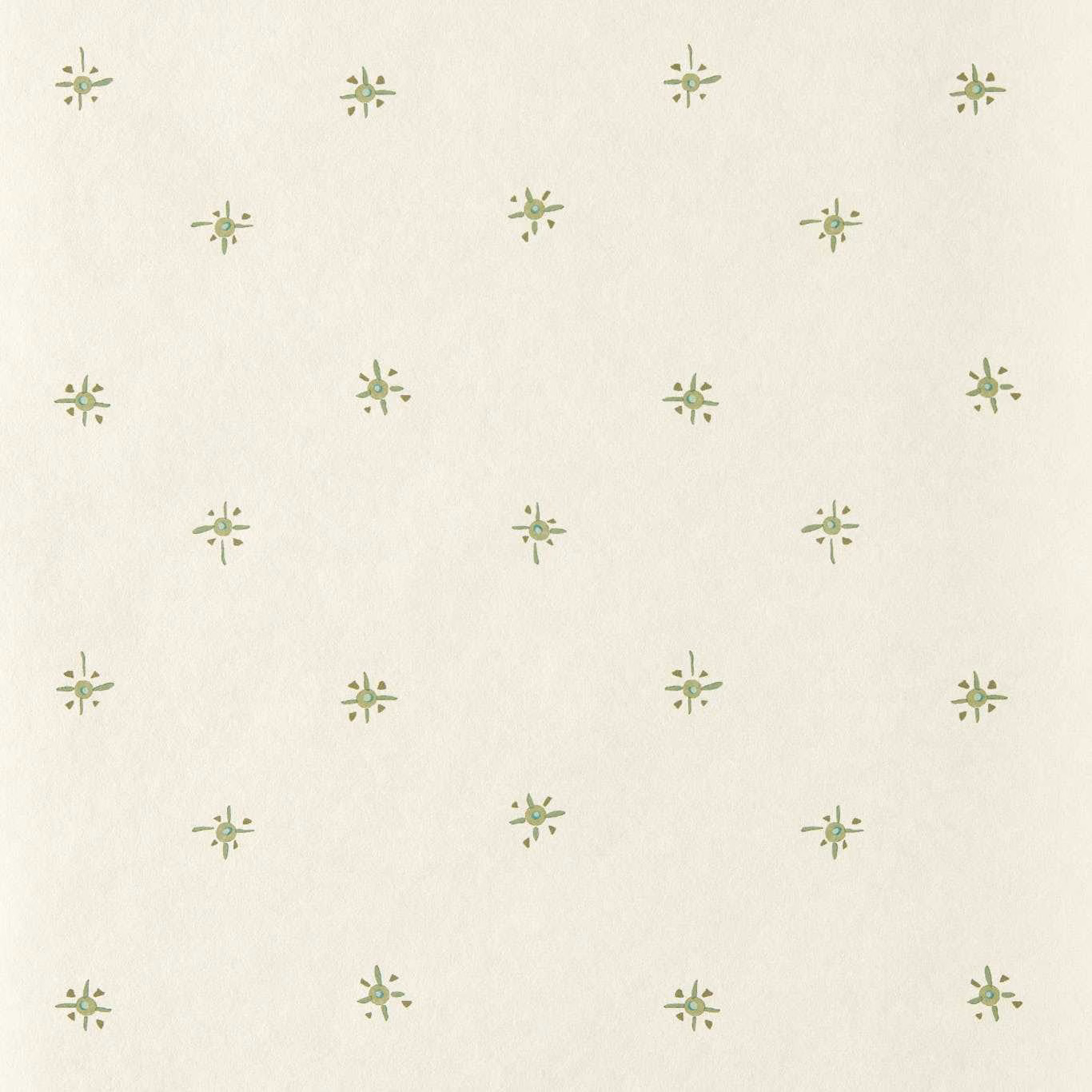 Pale cream wallpaper with evenly spaced muted pine-green botanical starburst motifs