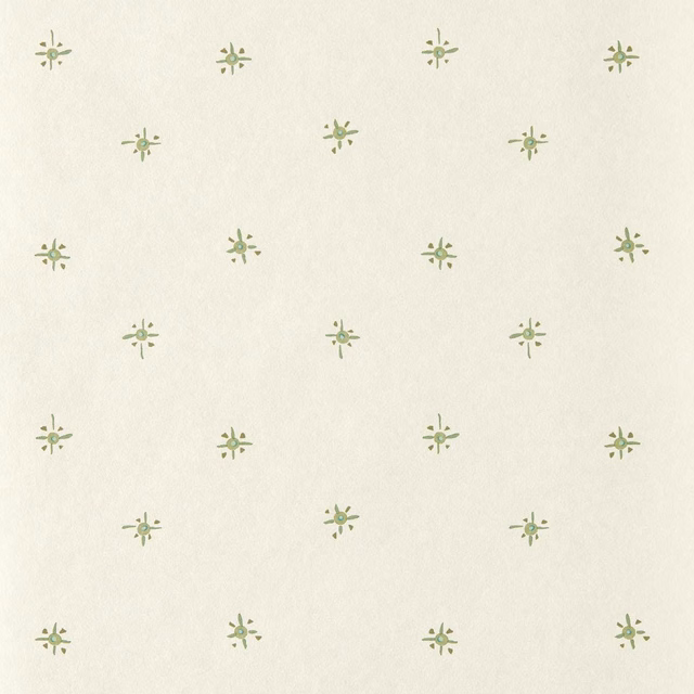 Pale cream wallpaper with evenly spaced muted pine-green botanical starburst motifs