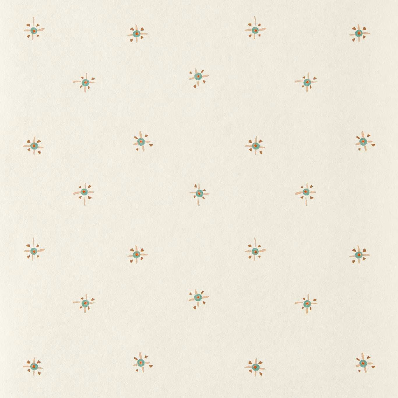 Ivory wallpaper with spaced turquoise floral stars and muted terracotta accents