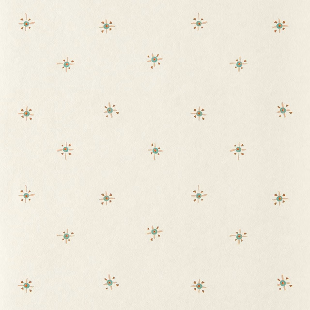 Ivory wallpaper with spaced turquoise floral stars and muted terracotta accents