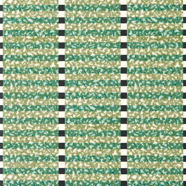 Forest green and cream mottled wallpaper with horizontal bands and black accents