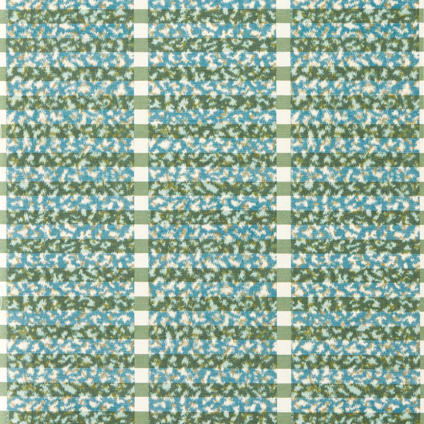 Moss green and turquoise wallpaper with cream vertical bands and painterly marks