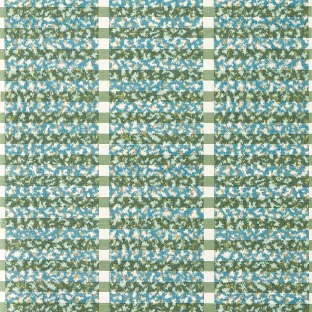 Moss green and turquoise wallpaper with cream vertical bands and painterly marks