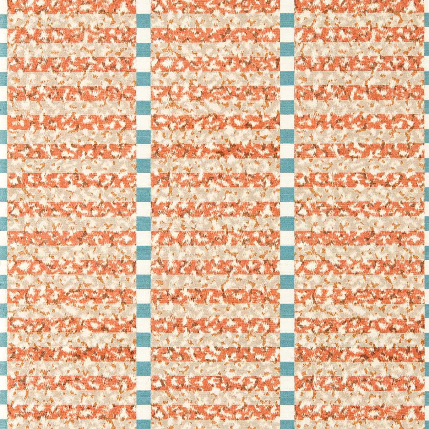 Distressed spice and ivory horizontal wallpaper bands with turquoise checked columns