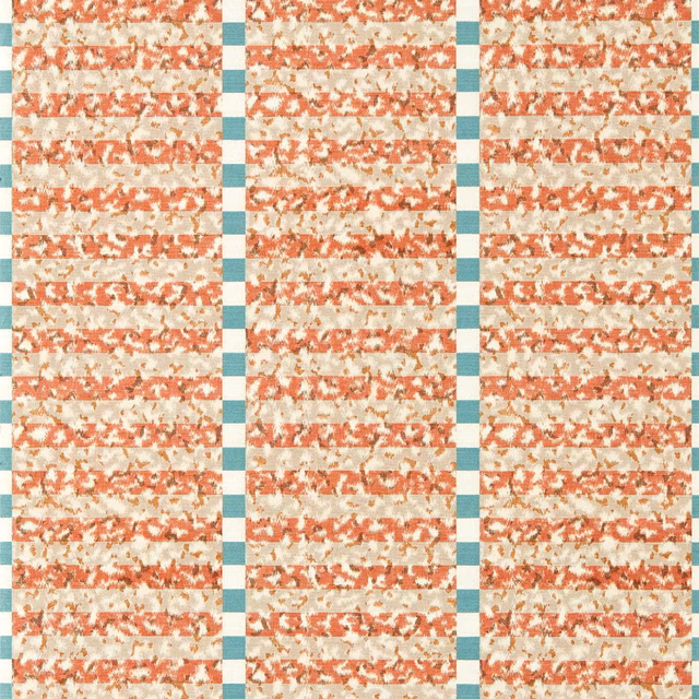 Distressed spice and ivory horizontal wallpaper bands with turquoise checked columns