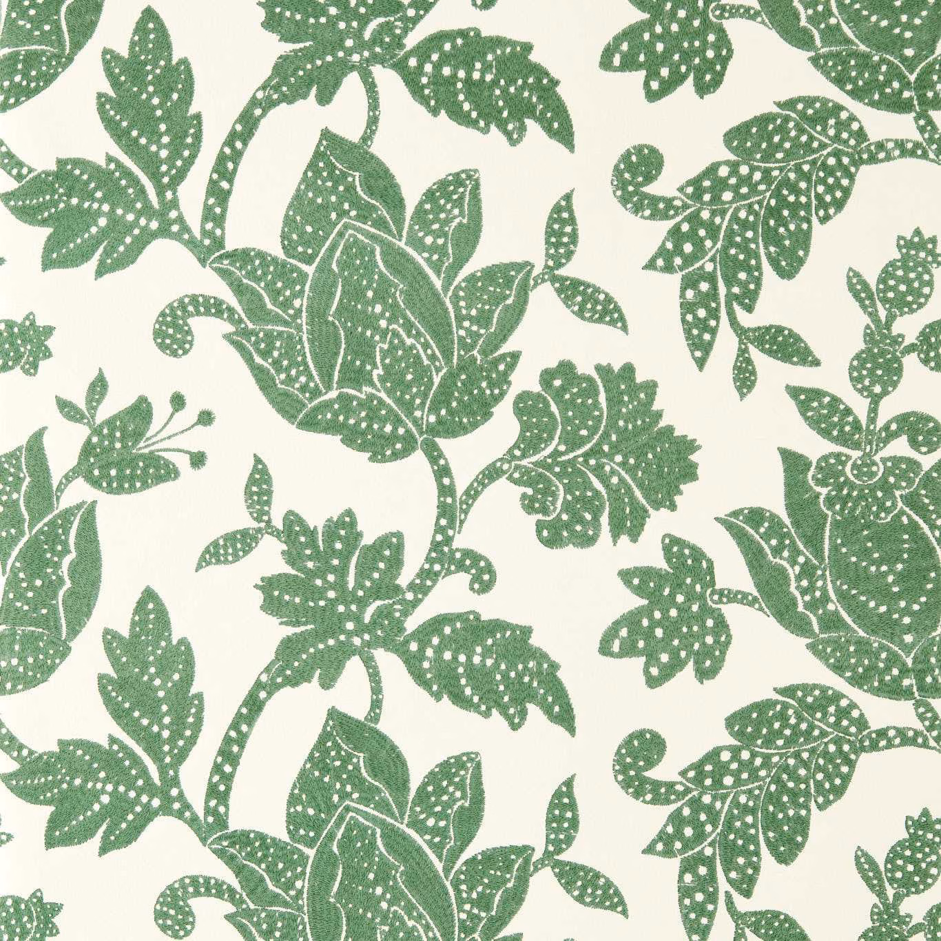 Forest green botanical leaves with dotted detail on a creamy wallpaper ground
