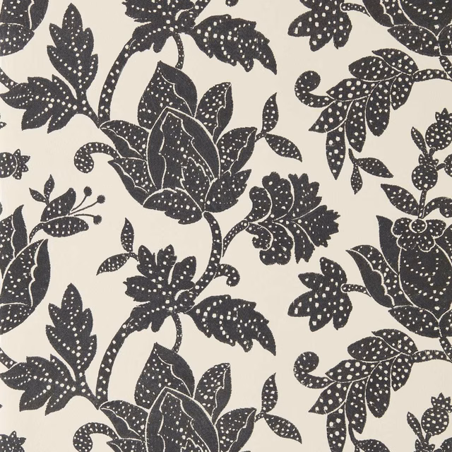 Charcoal botanical stems and dotted leaves on an ivory Zamora Onyx wallpaper ground