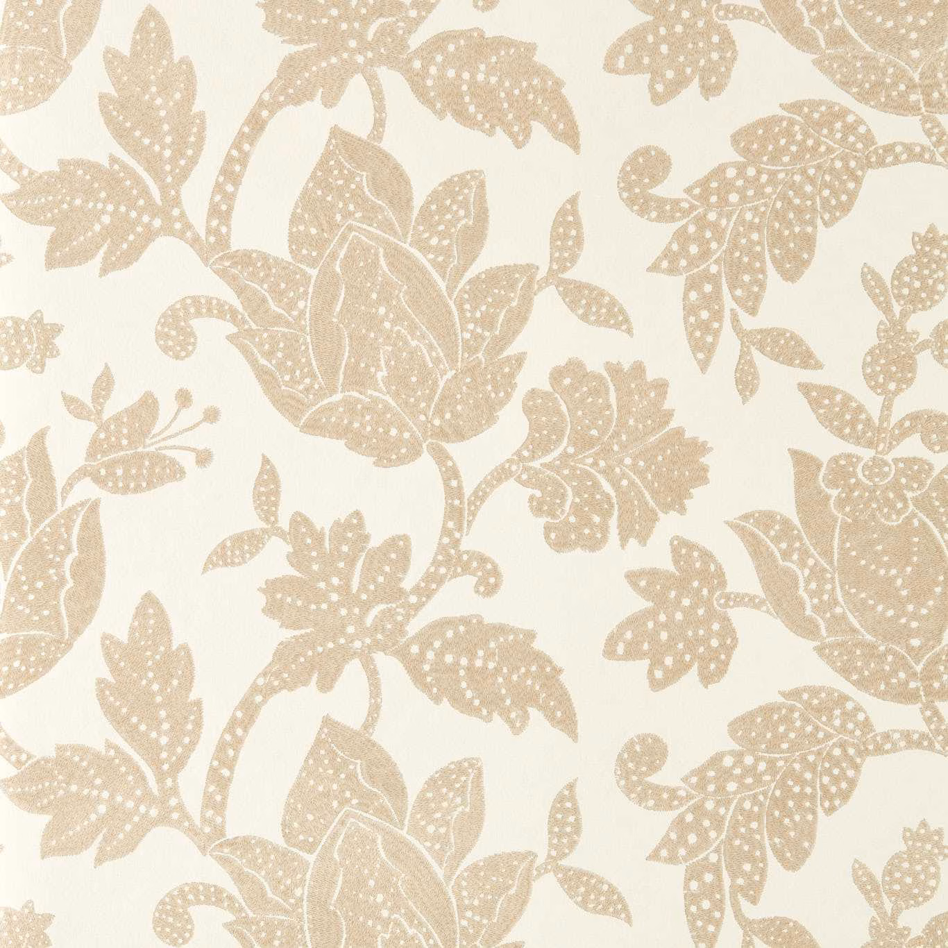 Warm cream wallpaper with large parchment-taupe leaves, stems and dotted botanical details