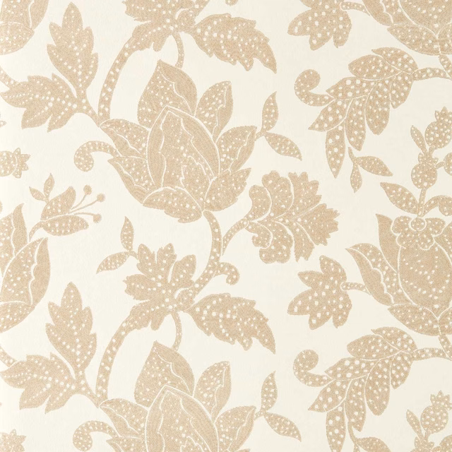 Warm cream wallpaper with large parchment-taupe leaves, stems and dotted botanical details