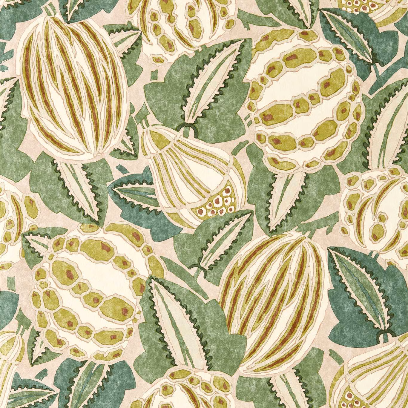 Blush wallpaper with forest leaves, olive seed pods and cream botanical outlines