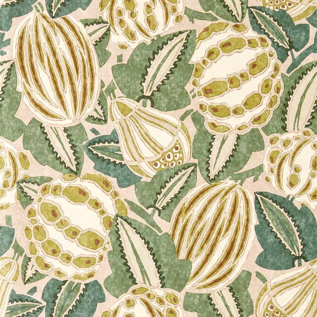 Blush wallpaper with forest leaves, olive seed pods and cream botanical outlines