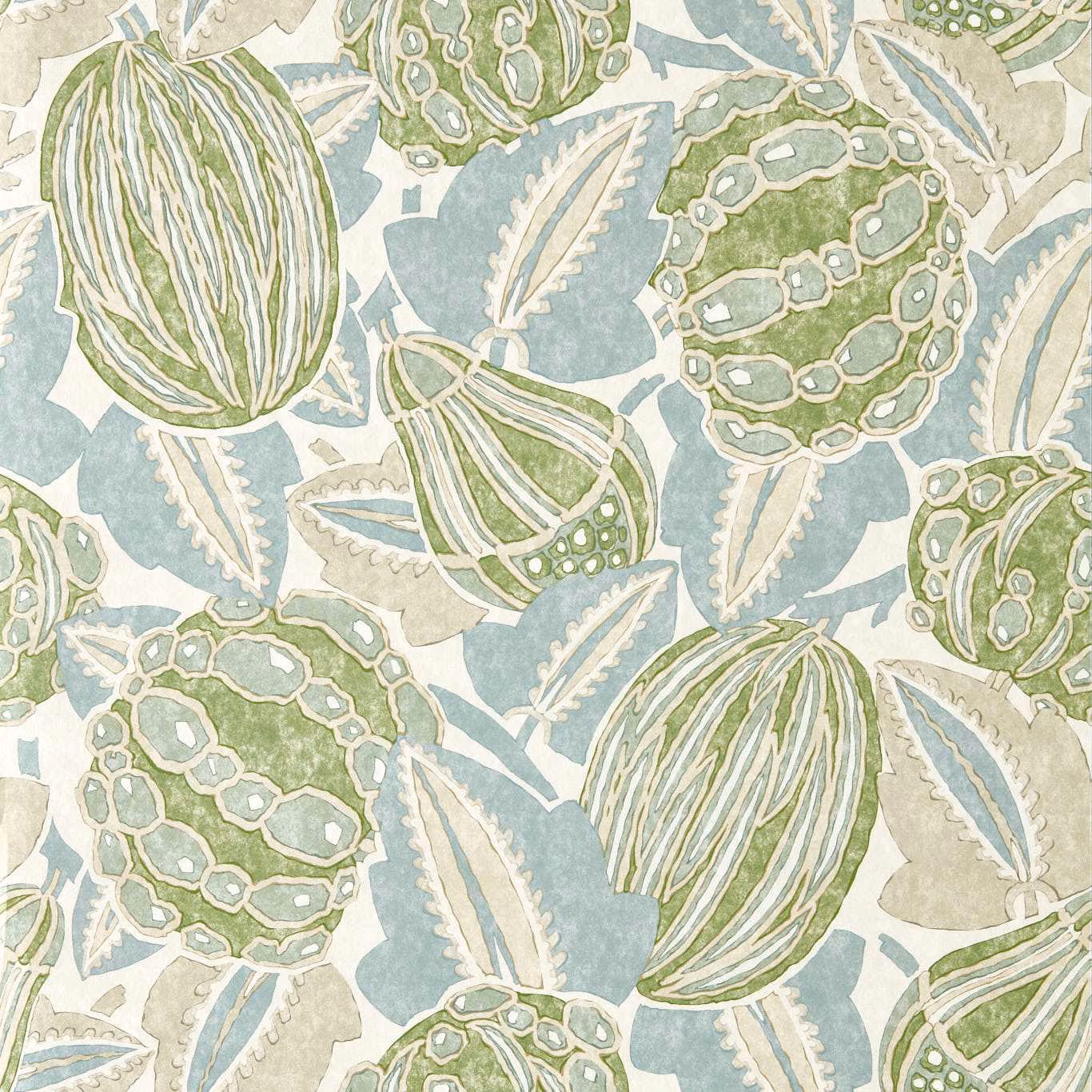 Pine green and seaglass blue botanical pods and leaves on a cream ground