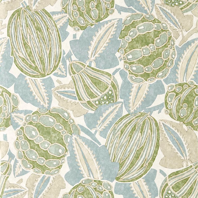 Pine green and seaglass blue botanical pods and leaves on a cream ground