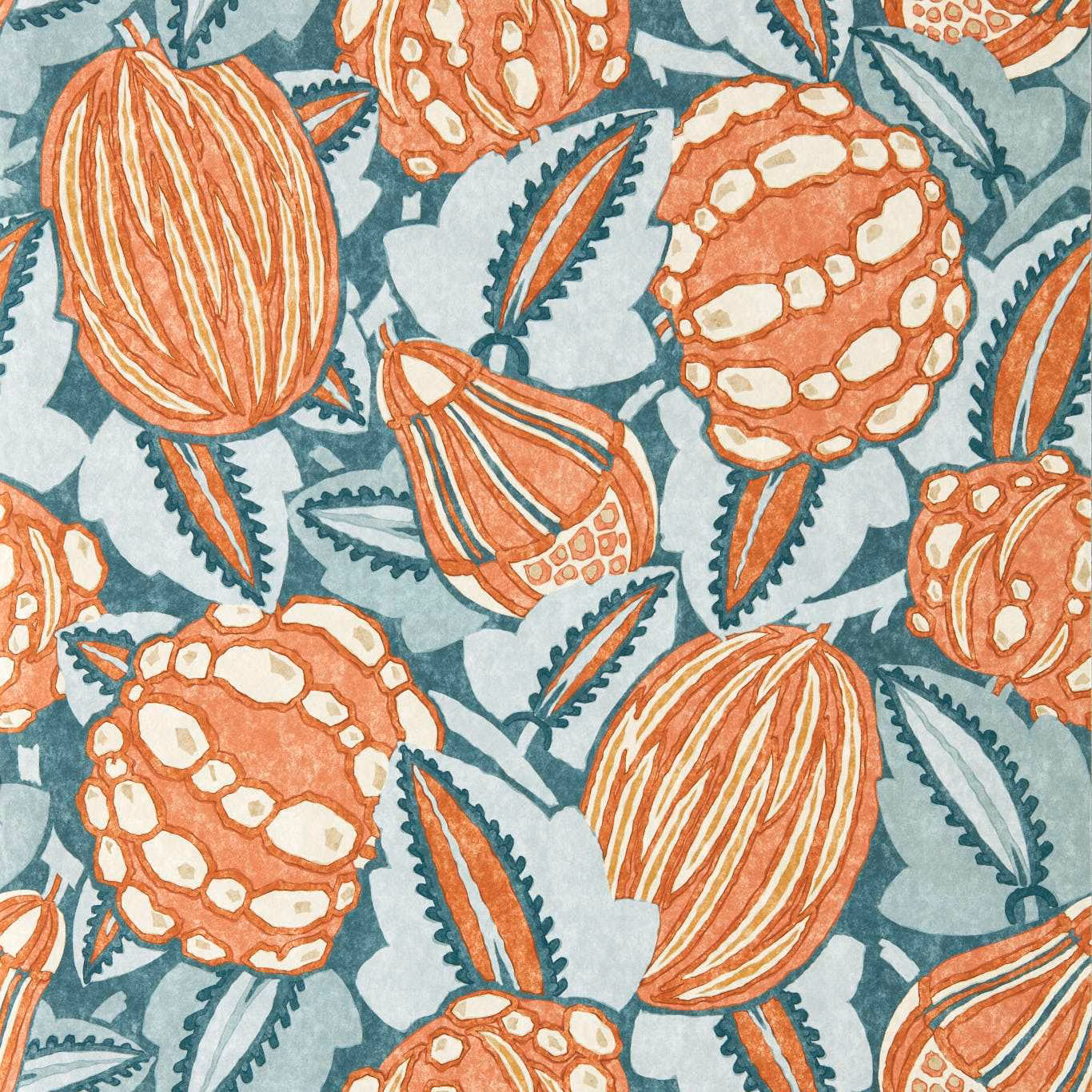 Terracotta pomegranates and teal leaves on a pale blue botanical wallpaper ground