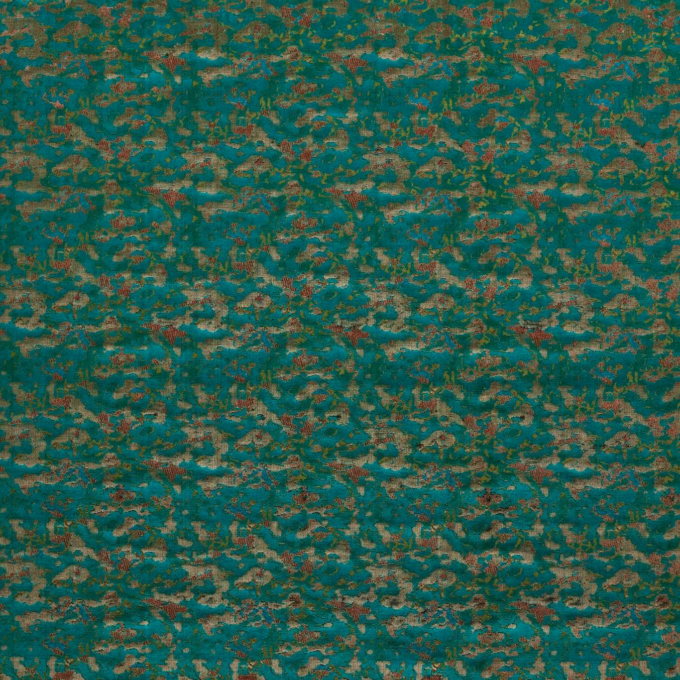 Emerald teal woven swatch with irregular paprika flecks and pale mineral highlights