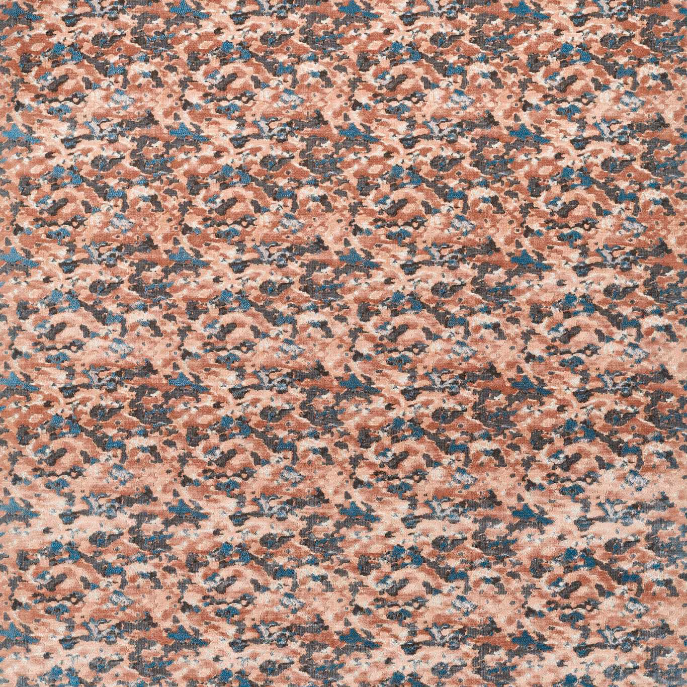 Coral-pink woven abstract pattern with teal, charcoal and pale flecks