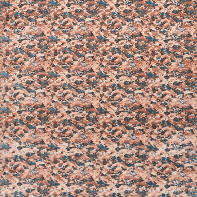 Coral-pink woven abstract pattern with teal, charcoal and pale flecks