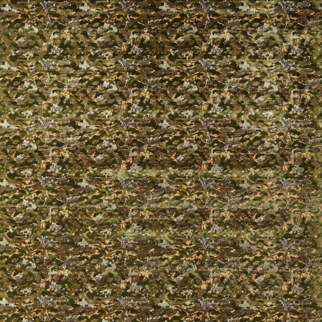 Dense moss-olive weave with brown, cream and heather flecks in broken horizontal bands