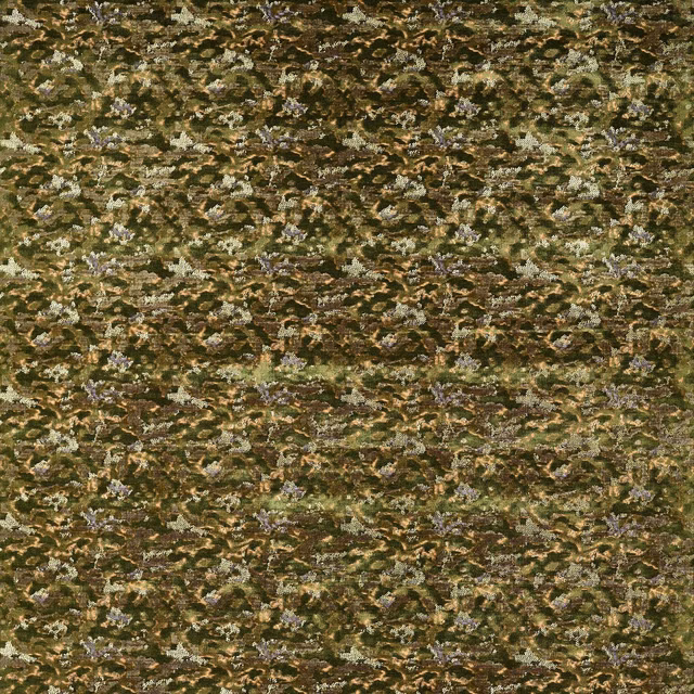Dense moss-olive weave with brown, cream and heather flecks in broken horizontal bands