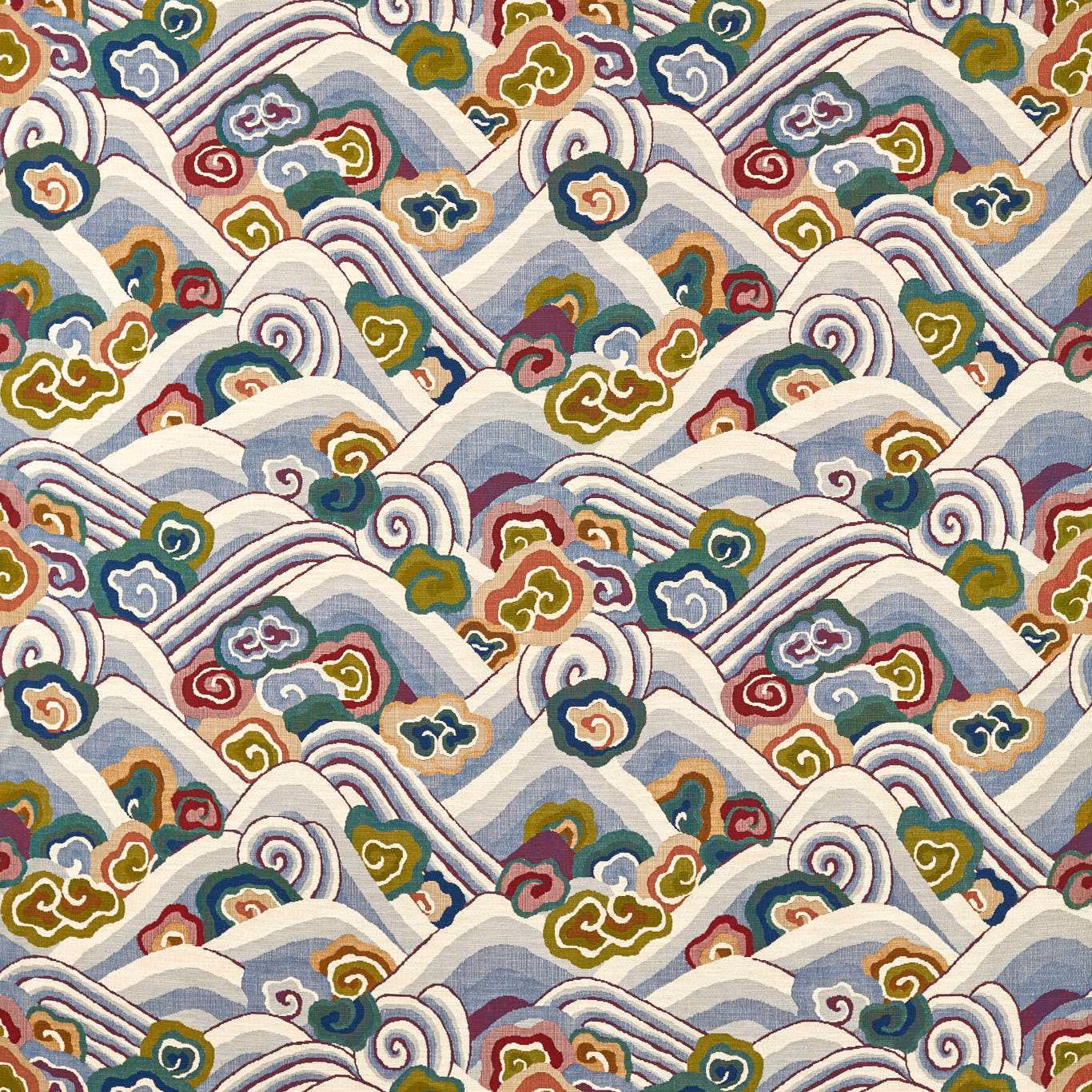 Indigo and maroon woven wave pattern with cream, olive and blue-grey accents