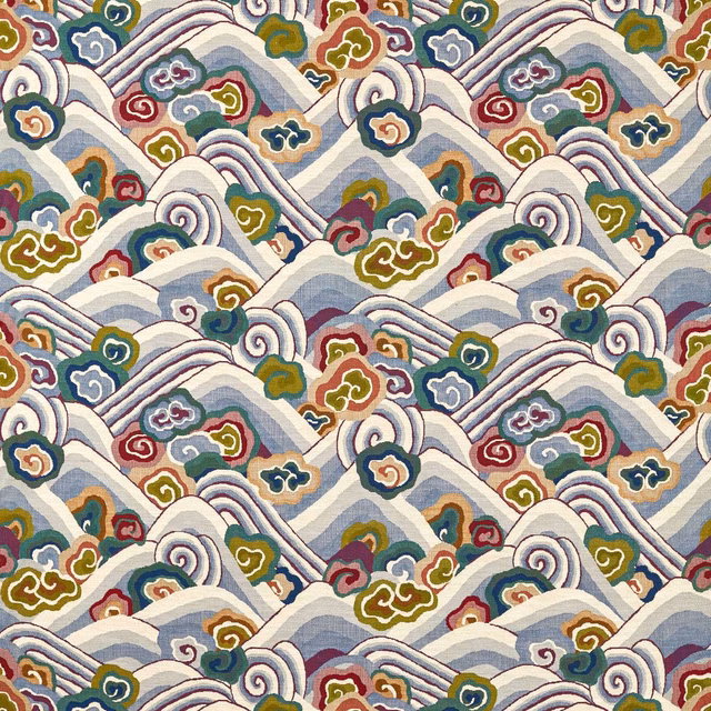 Indigo and maroon woven wave pattern with cream, olive and blue-grey accents