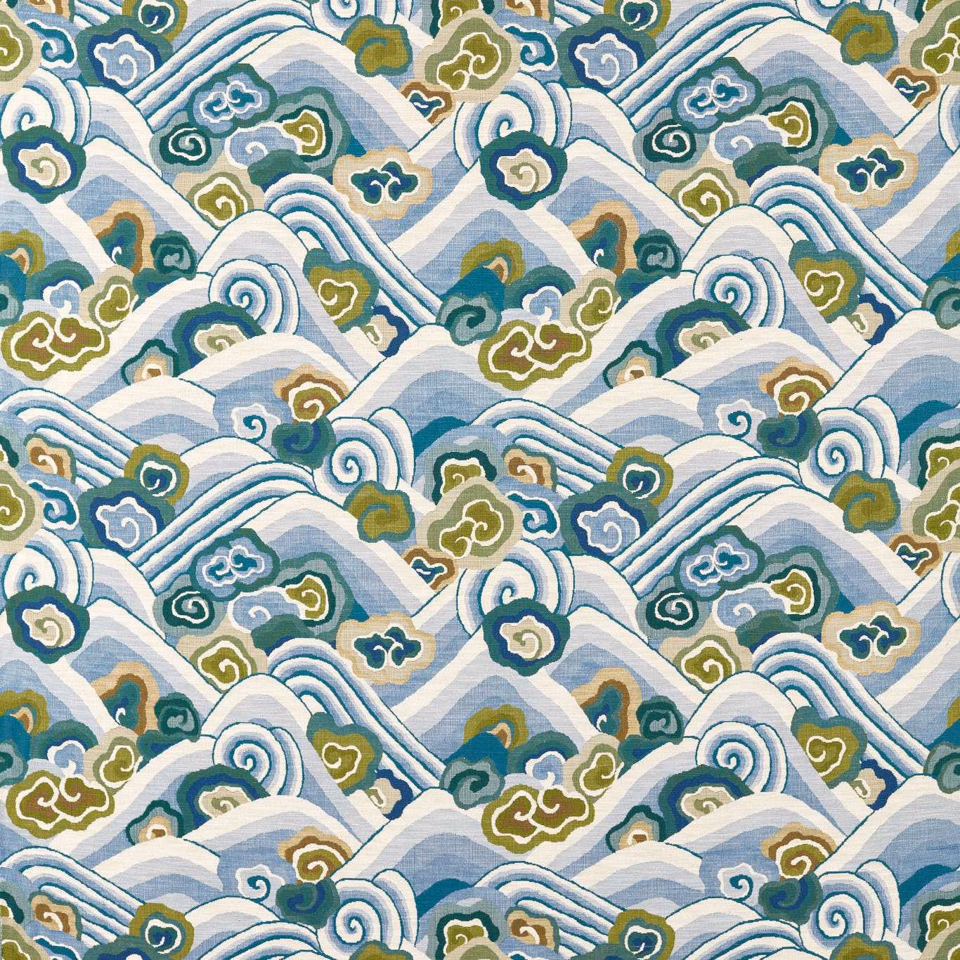 Cool blue woven waves with forest teal, olive and cream cloud motifs
