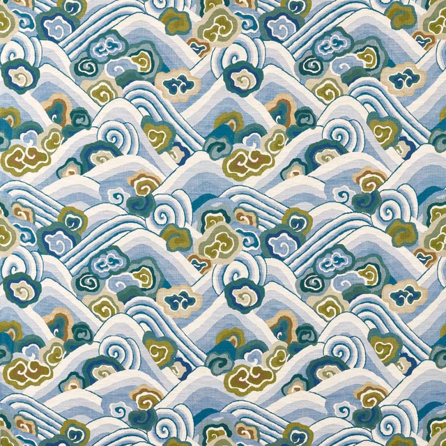 Cool blue woven waves with forest teal, olive and cream cloud motifs