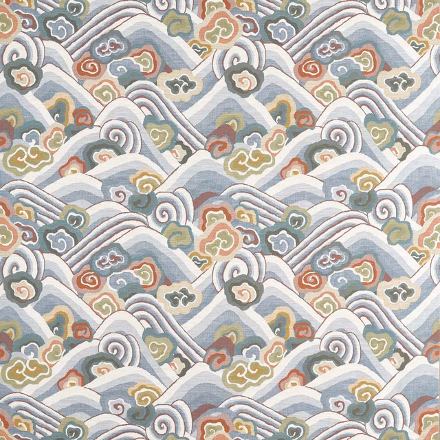 Pale blue woven waves with terracotta, sage and cream cloud-like motifs