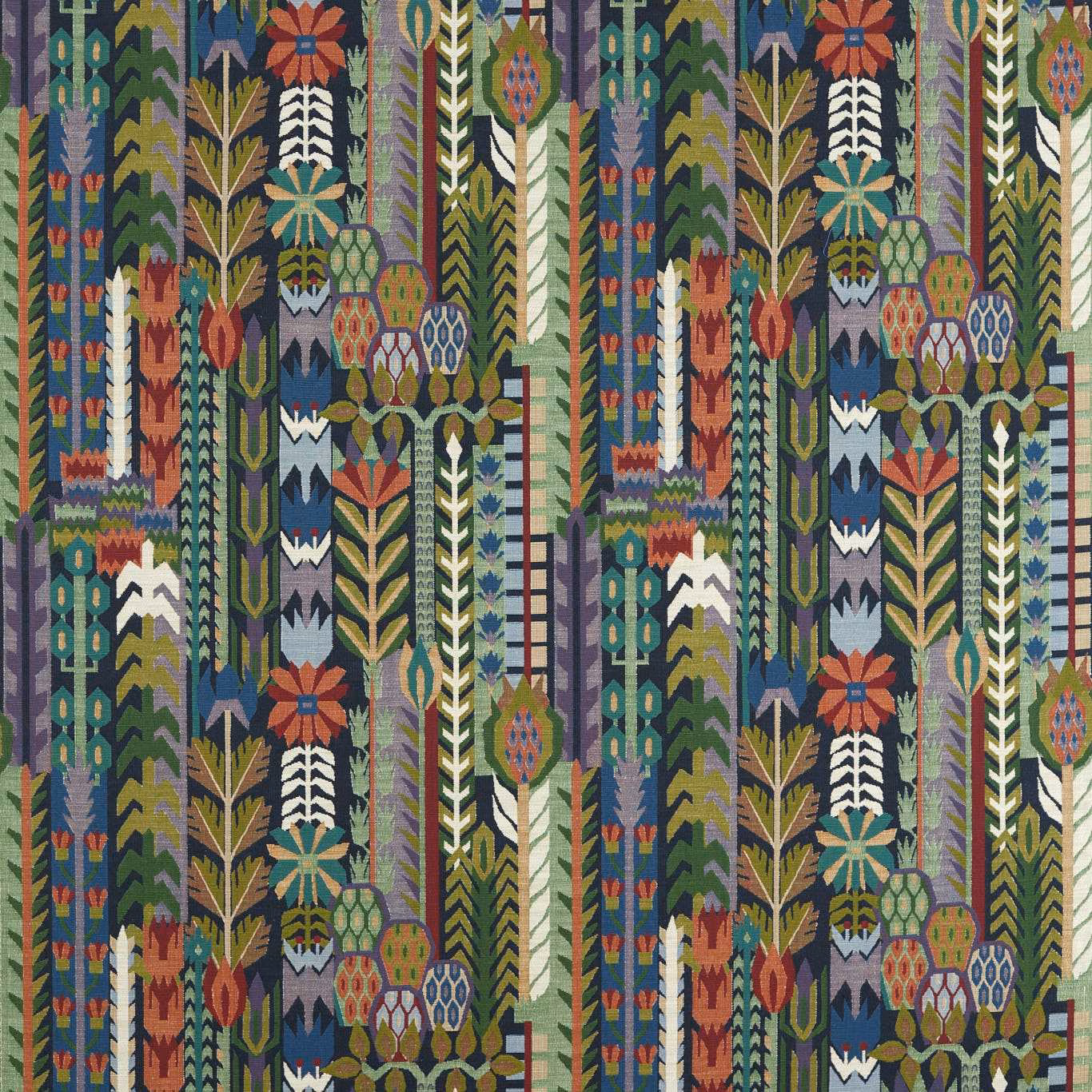 Dense forest green woven fabric with heather, rust and cream botanical geometric bands